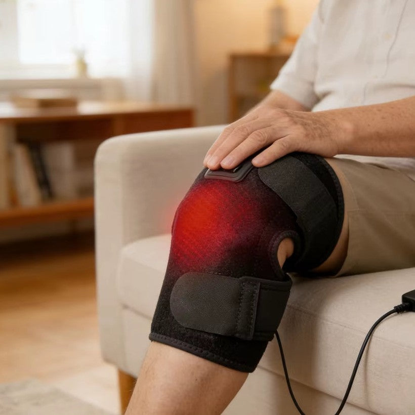 Rodillera térmica Calora encendida sobre la rodilla, en el sofá